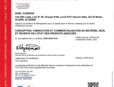 CUISINOX renouvelle sa certification ISO 9001:2015
